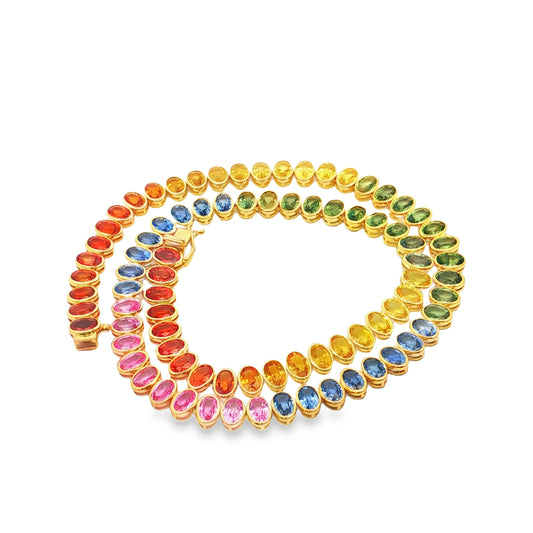 14KT YELLOW GOLD OVAL SHAPE MULTI SAPPHIRE NECKLACE