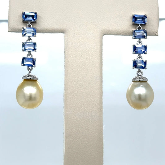 18KT WHITE GOLD PEARL, SAPPHIRE AND DIAMONDS EARRING