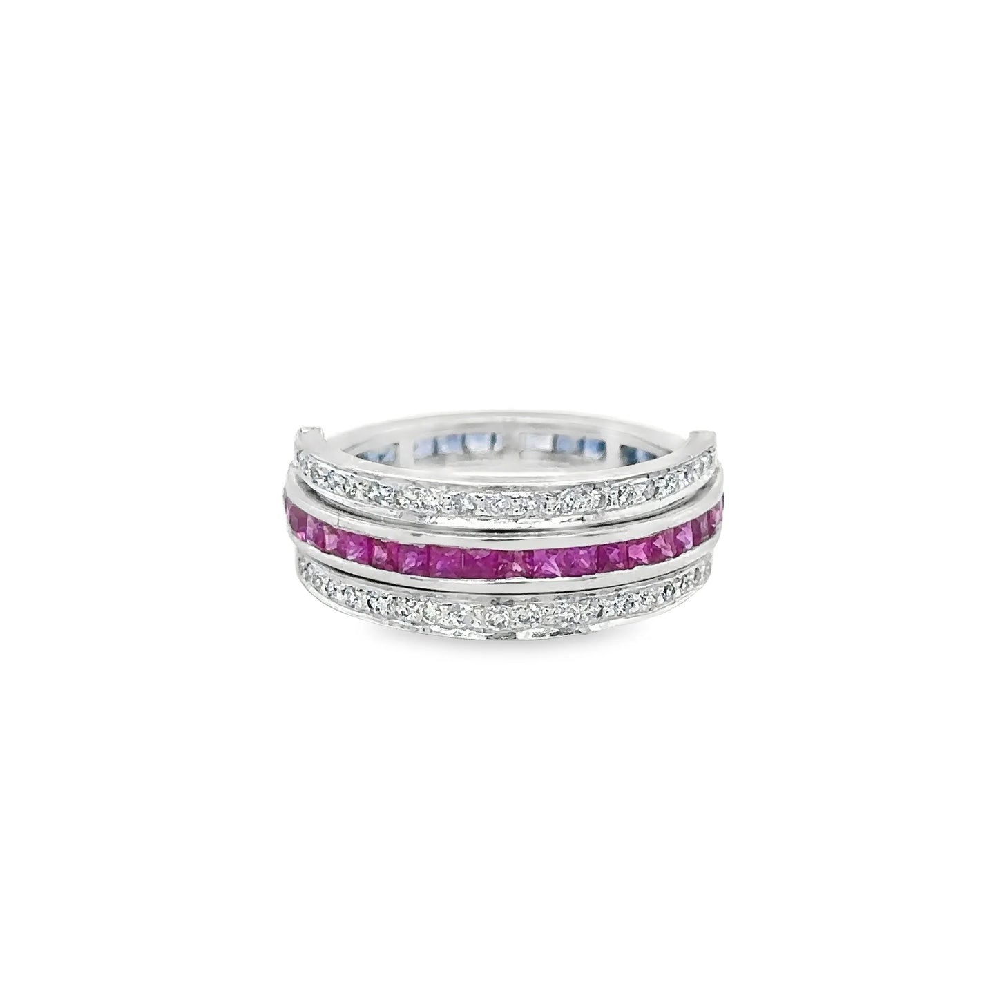 14KT WHITE GOLD RUBY AND SAPPHIRE RING WITH DIAMONDS