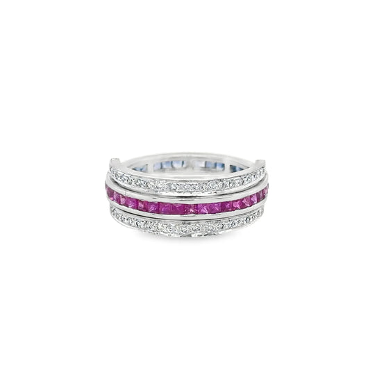 14KT WHITE GOLD RUBY AND SAPPHIRE RING WITH DIAMONDS