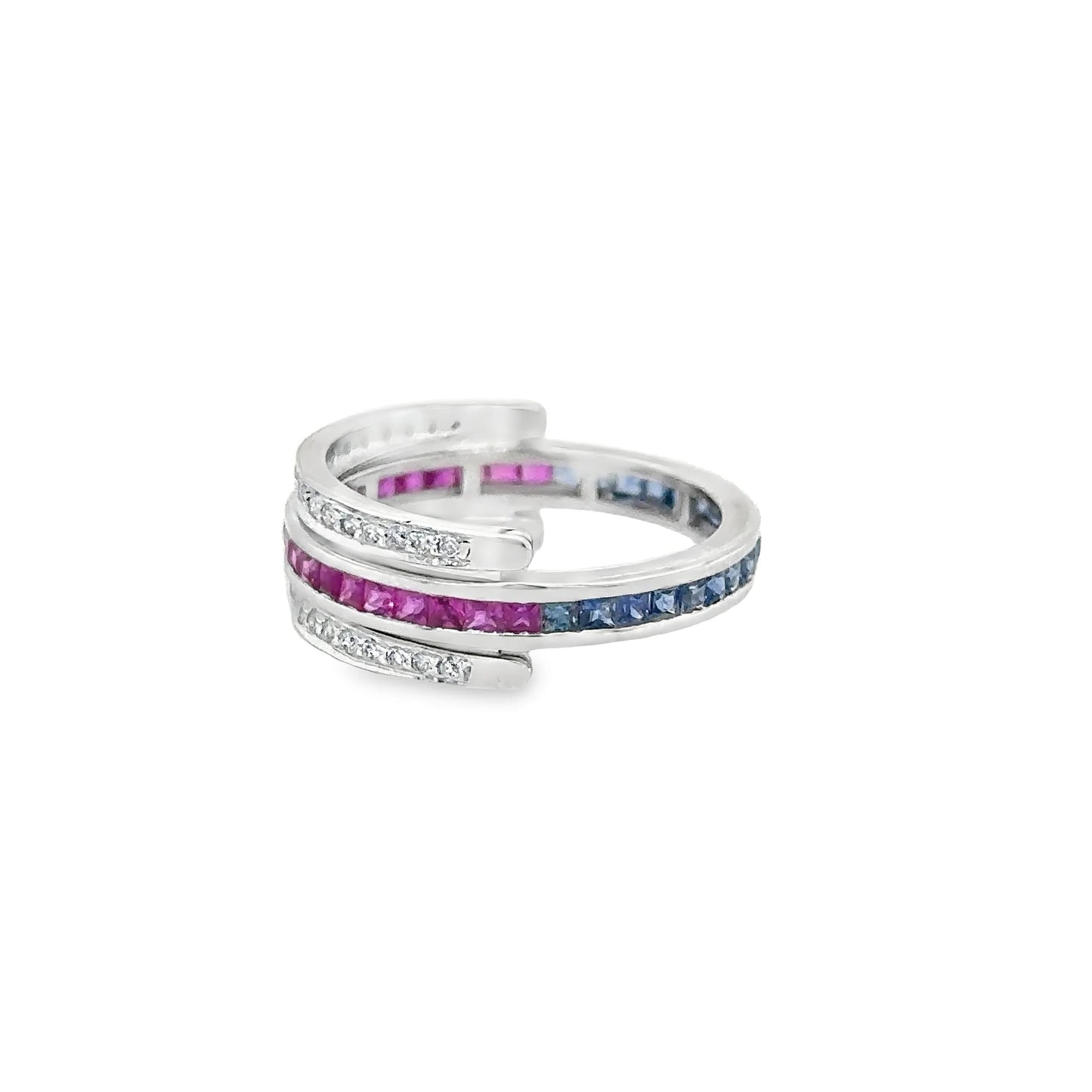 14KT WHITE GOLD RUBY AND SAPPHIRE RING WITH DIAMONDS