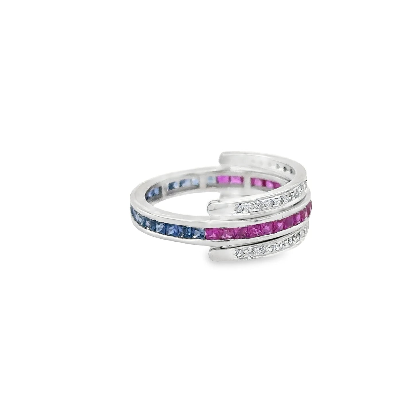 14KT WHITE GOLD RUBY AND SAPPHIRE RING WITH DIAMONDS