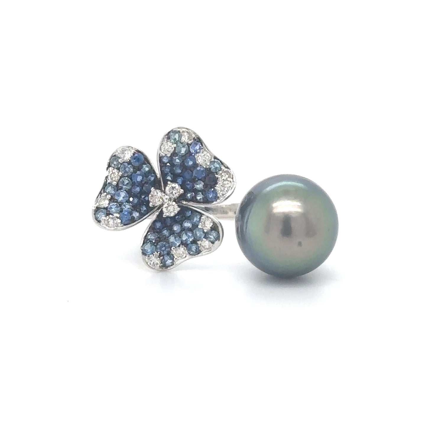 18KT WHITE GOLD PEARL, SAPPHIRE AND DIAMOND RING