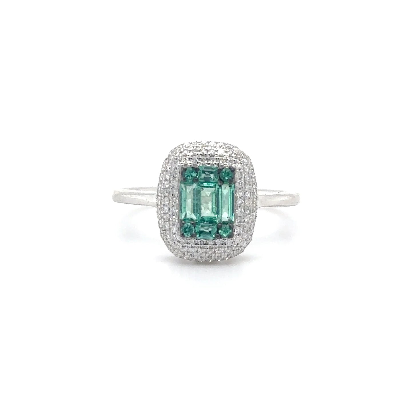 18KT WHITE GOLD BAGUETTE EMERALD AND DIAMONDS RING