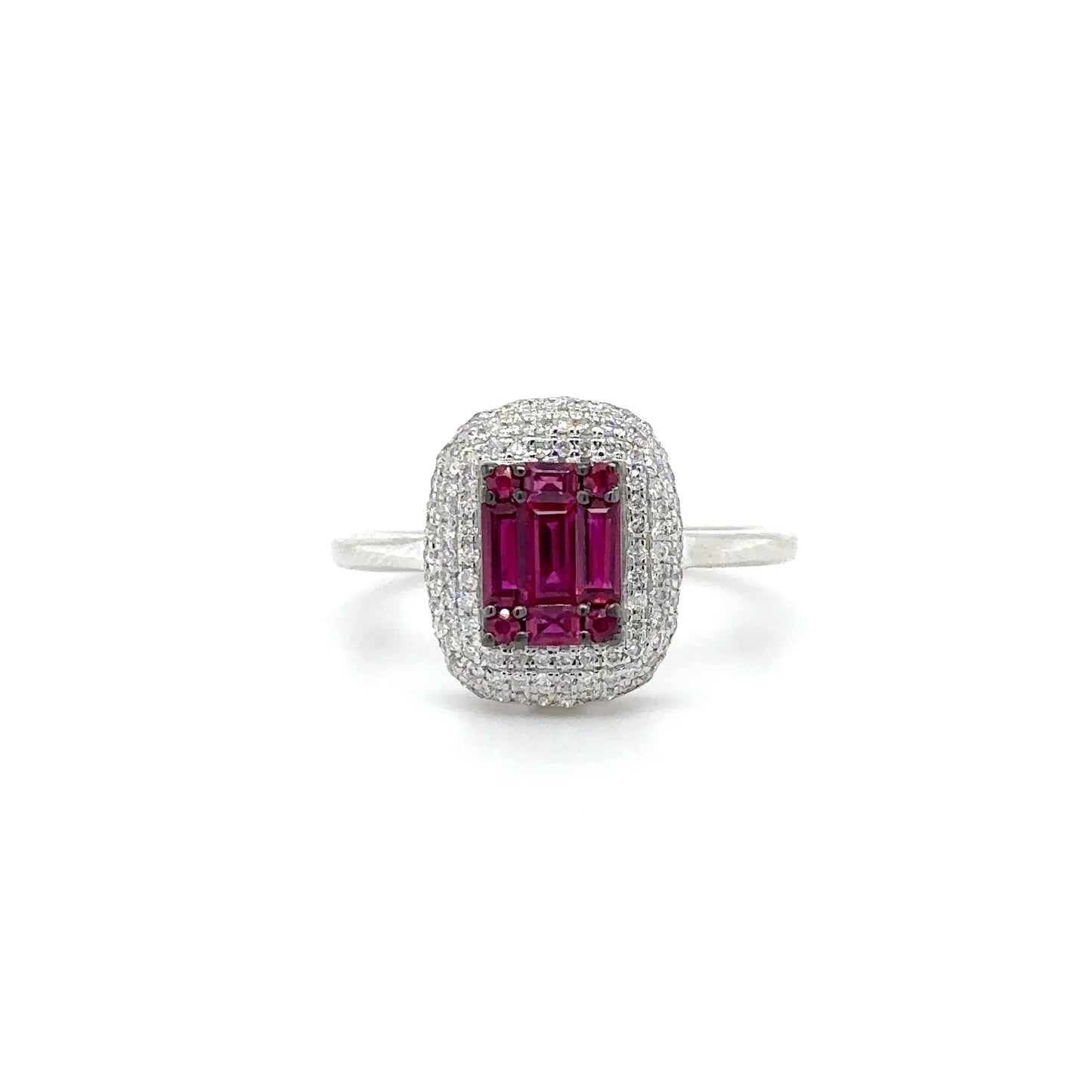 18KT WHITE GOLD BAGUETTE RUBY AND DIAMONDS RING