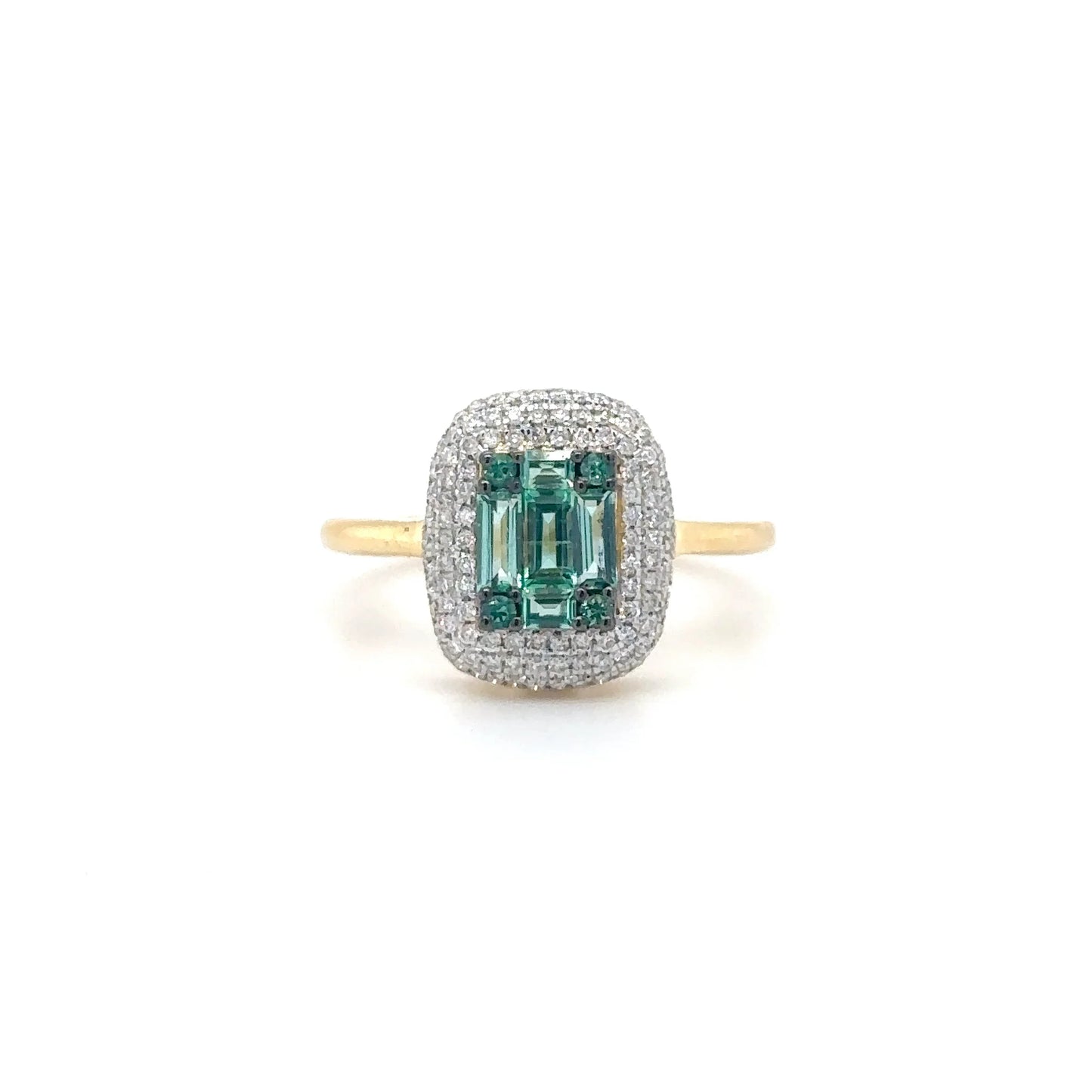 18KT YELLOW GOLD BAGUETTE EMERALD AND DIAMONDS RING
