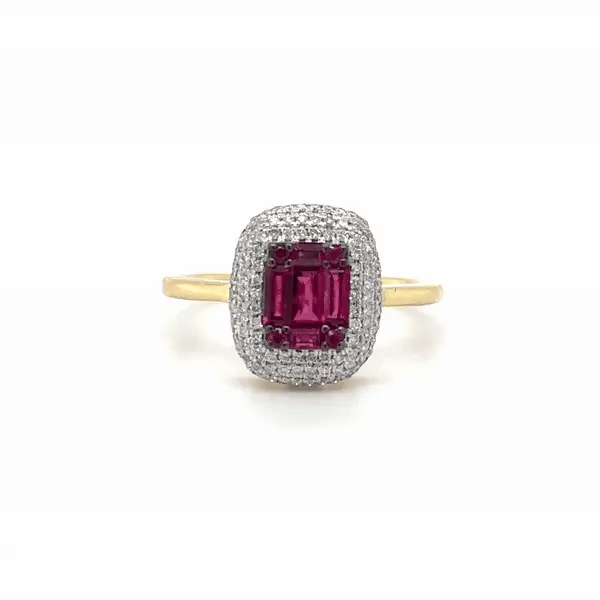 18KT YELLOW GOLD BAGUETTE RUBY AND DIAMONDS RING