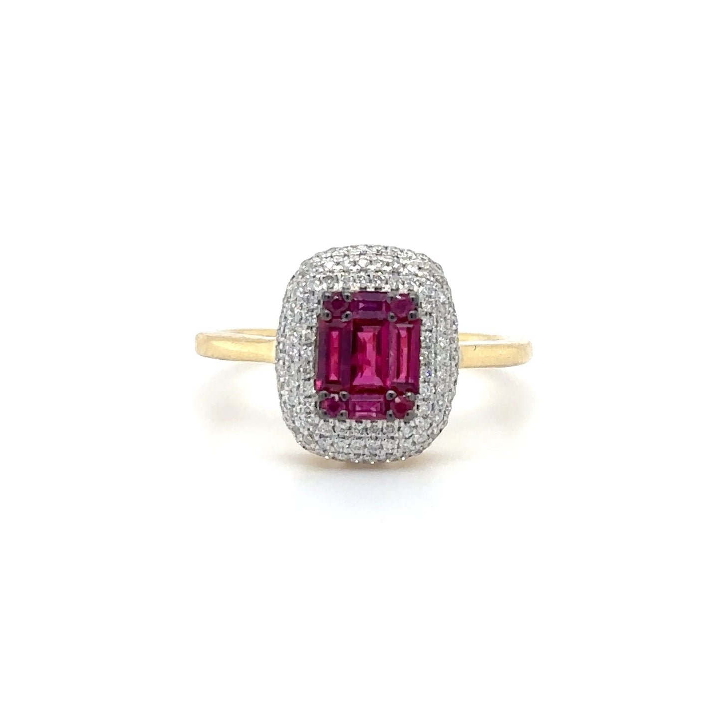 18KT YELLOW GOLD BAGUETTE RUBY AND DIAMONDS RING
