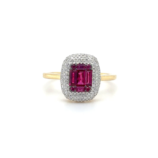 18KT YELLOW GOLD BAGUETTE RUBY AND DIAMONDS RING