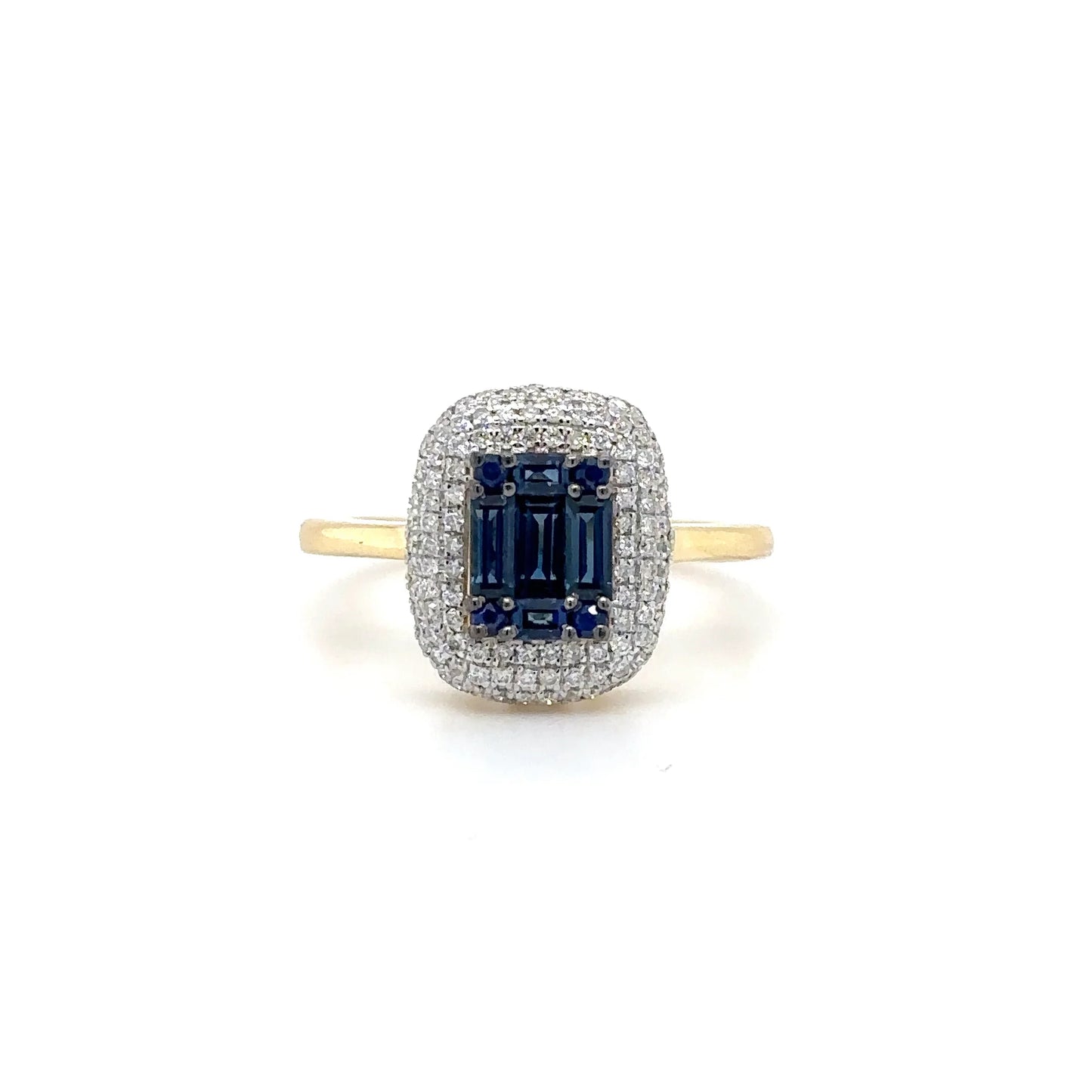 18KT YELLOW GOLD BAGUETTE SAPPHIRE AND DIAMONDS RING