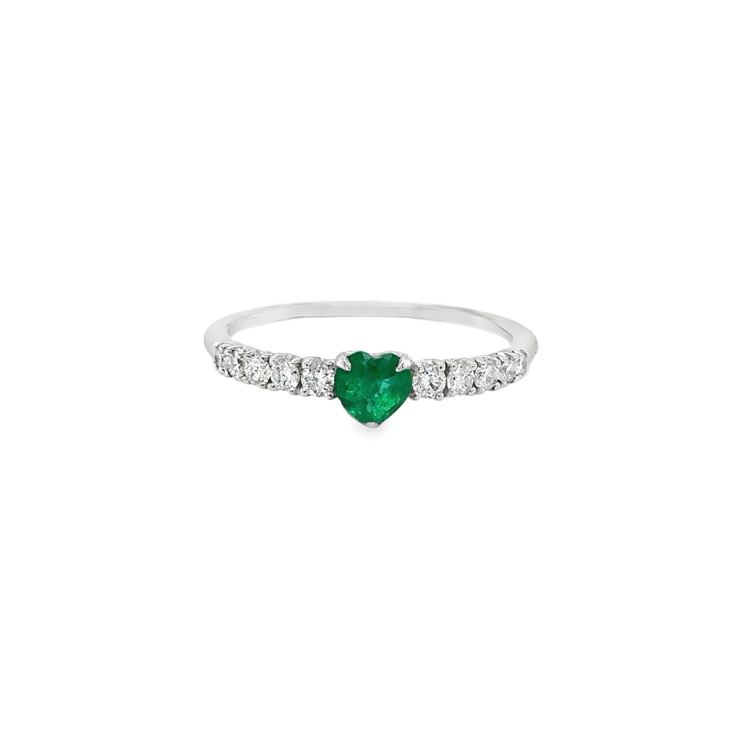 18KT WHITE GOLD HEART EMERALD AND DIAMONDS RING