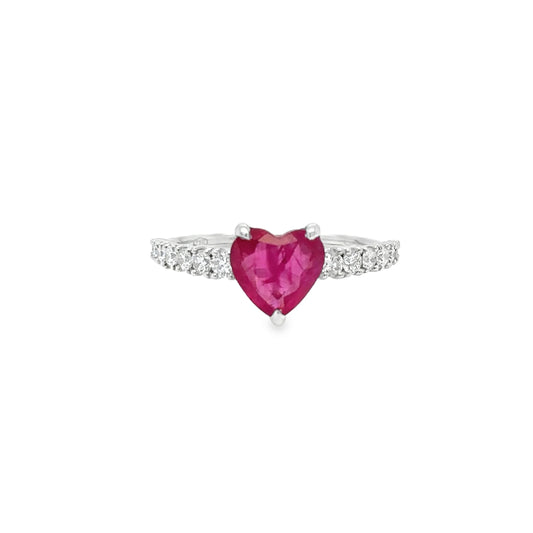 18KT WHITE GOLD HEART SHAPED RUBY DIAMOND RING