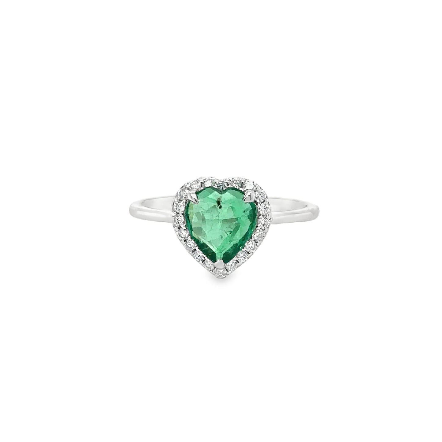 18KT WHITE GOLD HEART SHAPED EMERALD DIAMOND RING