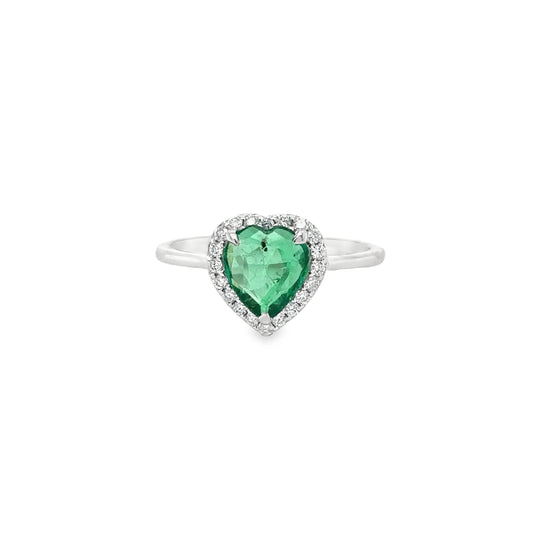 18KT WHITE GOLD HEART SHAPED EMERALD DIAMOND RING