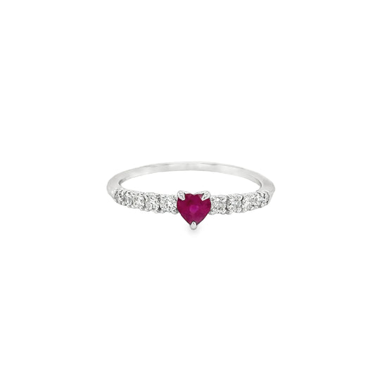 18KT WHITE GOLD HEART RUBY AND DIAMONDS RING