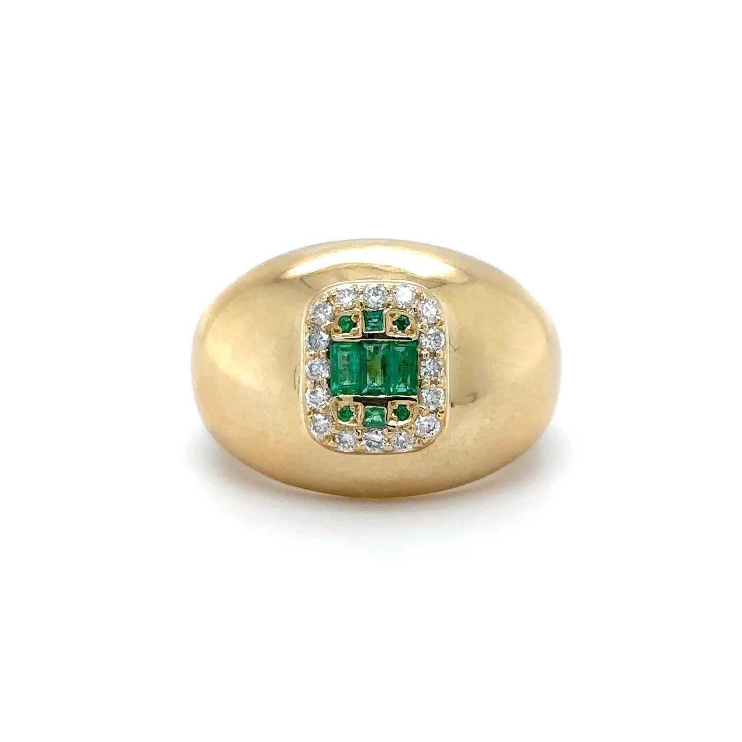 14KT YELLOW GOLD DOME RING WITH EMERALD AND DIAMONDS
