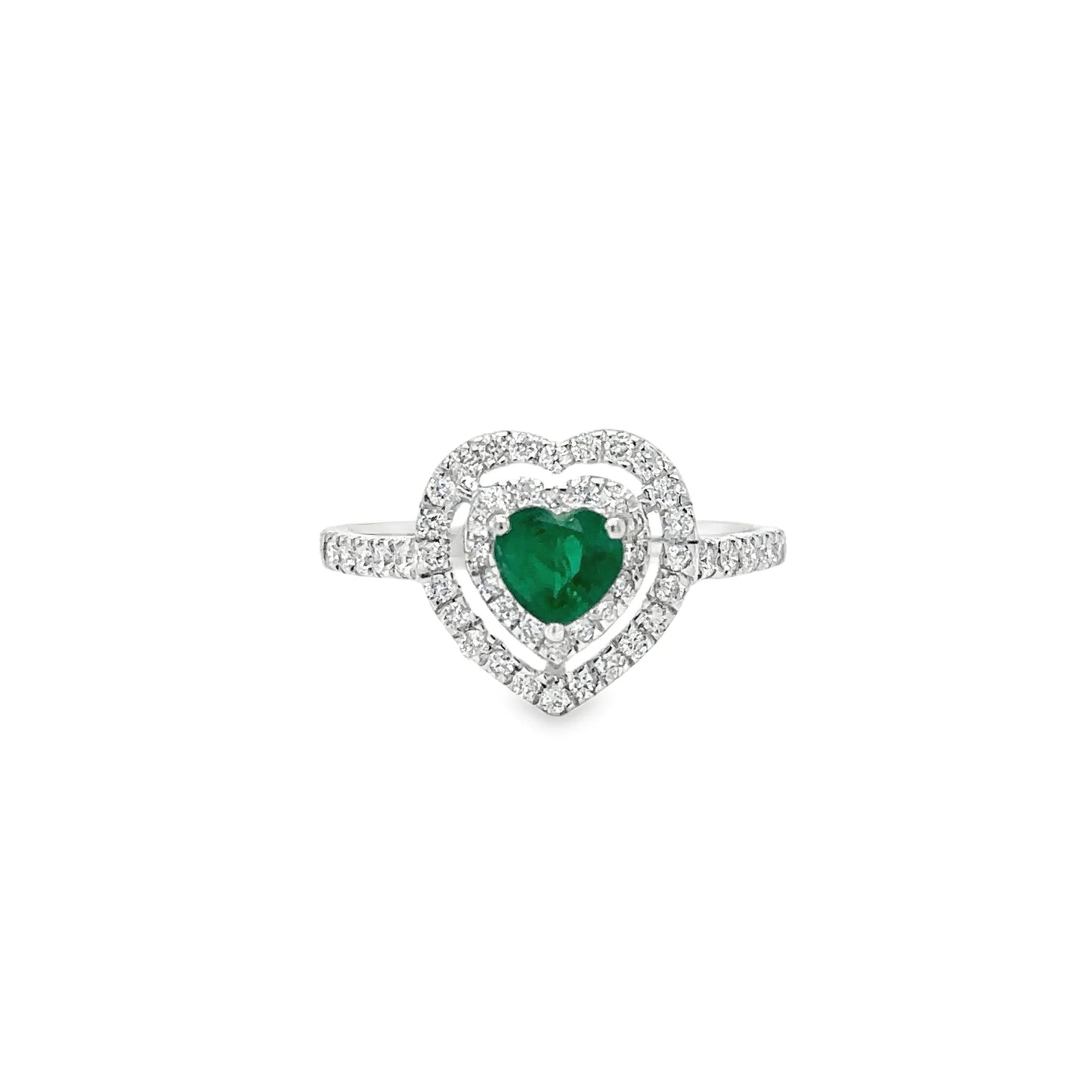 18KT WHITE GOLD HEART EMERALD AND DIAMONDS RING