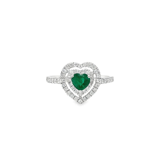 18KT WHITE GOLD HEART EMERALD AND DIAMONDS RING