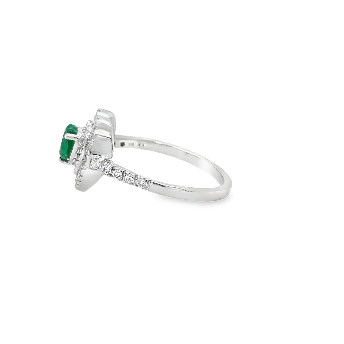 18KT WHITE GOLD HEART EMERALD AND DIAMONDS RING