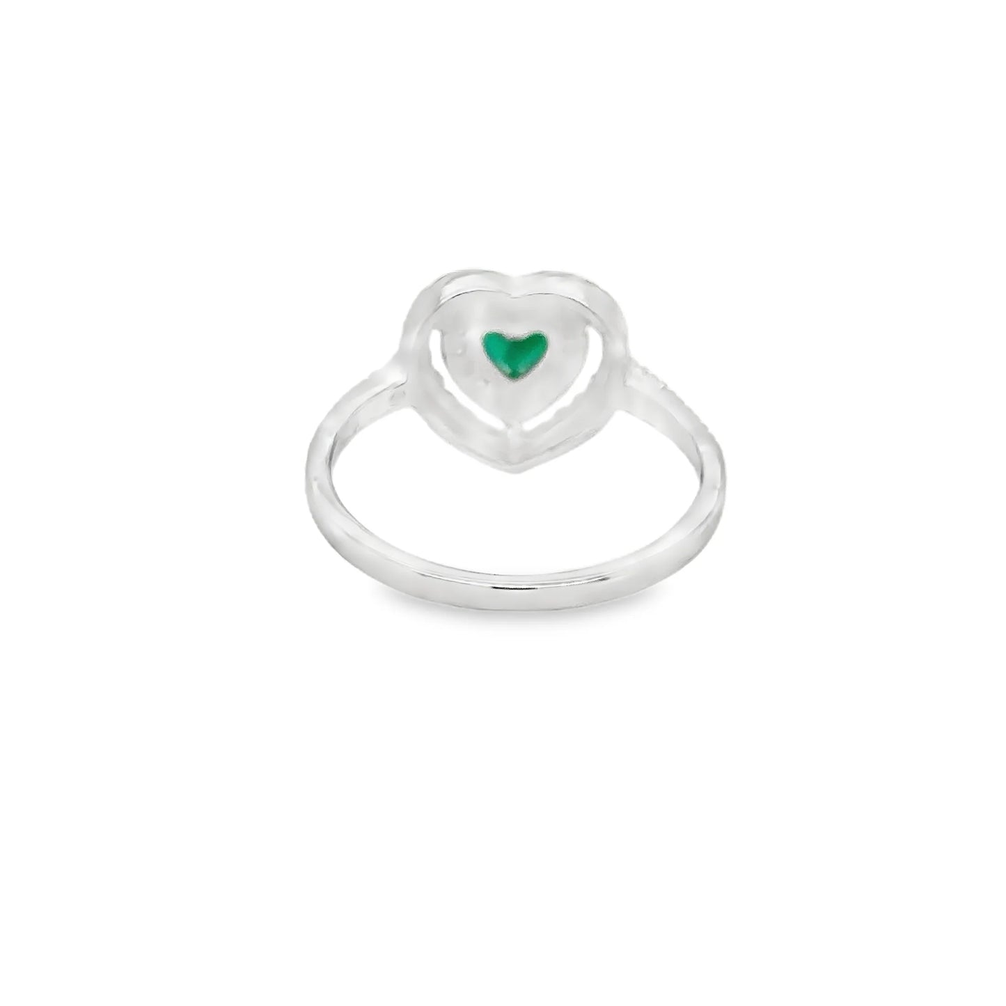 18KT WHITE GOLD HEART EMERALD AND DIAMONDS RING