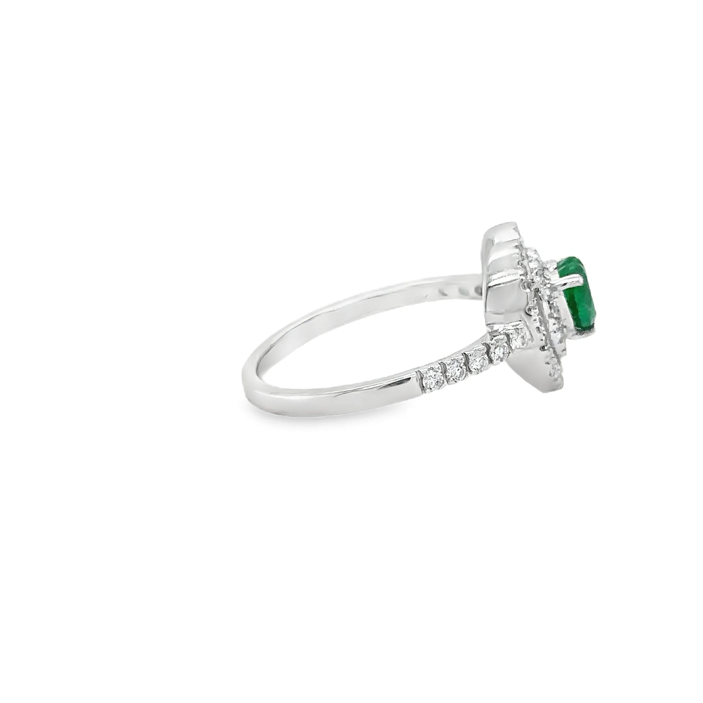 18KT WHITE GOLD HEART EMERALD AND DIAMONDS RING