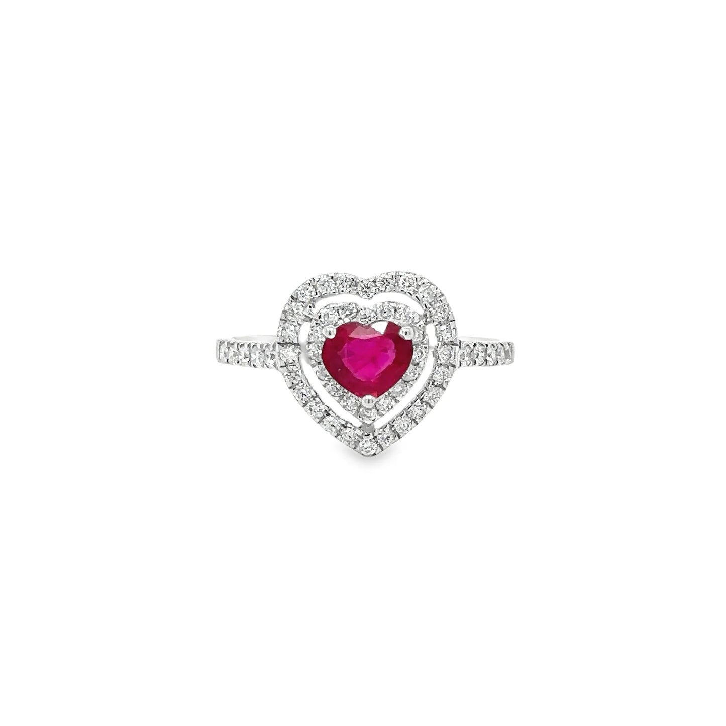 18KT WHITE GOLD HEART RUBY AND DIAMONDS RING