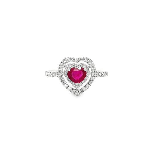18KT WHITE GOLD HEART RUBY AND DIAMONDS RING