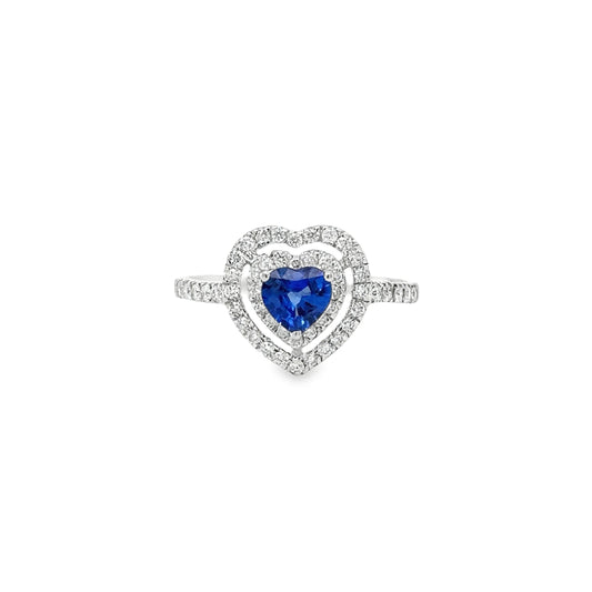 18KT WHITE GOLD HEART SAPPHIRE AND DIAMONDS RING