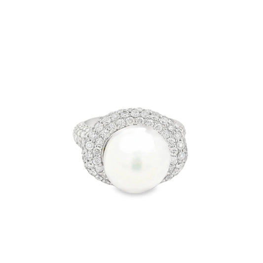 14KT WHITE GOLD FRESH WATER PEARL AND DIAMOND RING