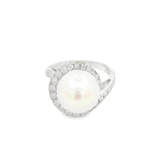 14KT WHITE GOLD FRESH WATER PEARL AND DIAMOND RING