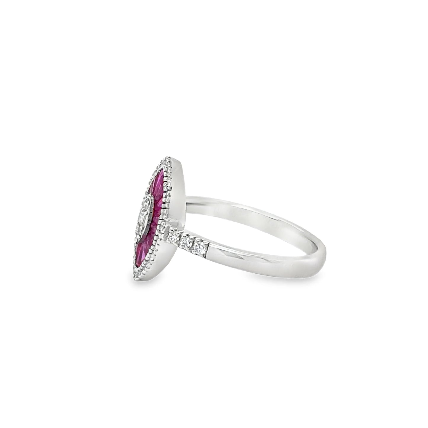 14KT WHITE GOLD RUBY AND DIAMONDS MARQUISE RING