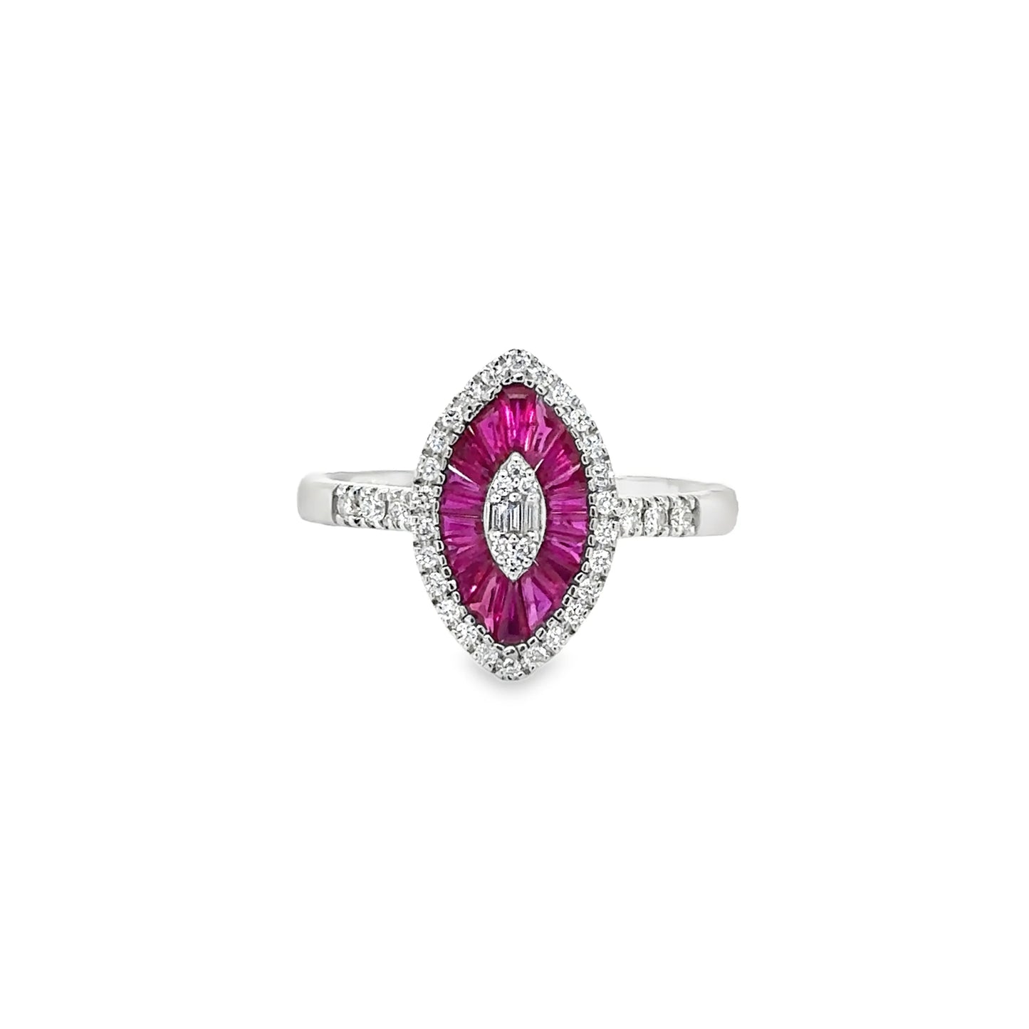 14KT WHITE GOLD RUBY AND DIAMONDS MARQUISE RING