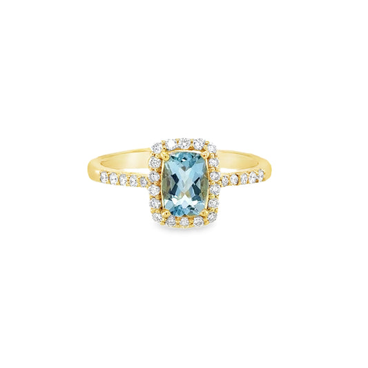 14KT GOLD AQUAMARINE AND DIAMONDS RING