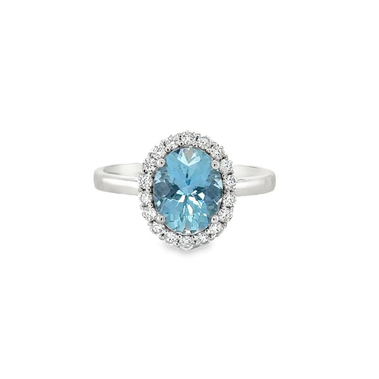 14KT WHITE GOLD AQUAMARINE AND DIAMONDS RING
