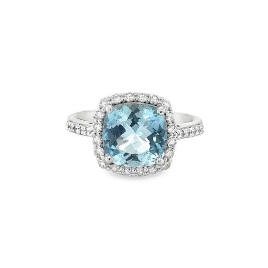 14KT WHITE GOLD AQUAMARINE AND DIAMONDS RING
