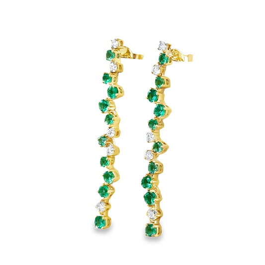 14KT YELLOW GOLD DIAMOND AND EMERALD DANGLING EARRINGS