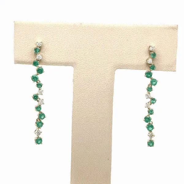 14KT YELLOW GOLD DIAMOND AND EMERALD DANGLING EARRINGS