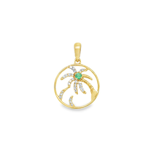 14KT YELLOW GOLD EMERALD AND DIAMOND PALM TREE PENDANT