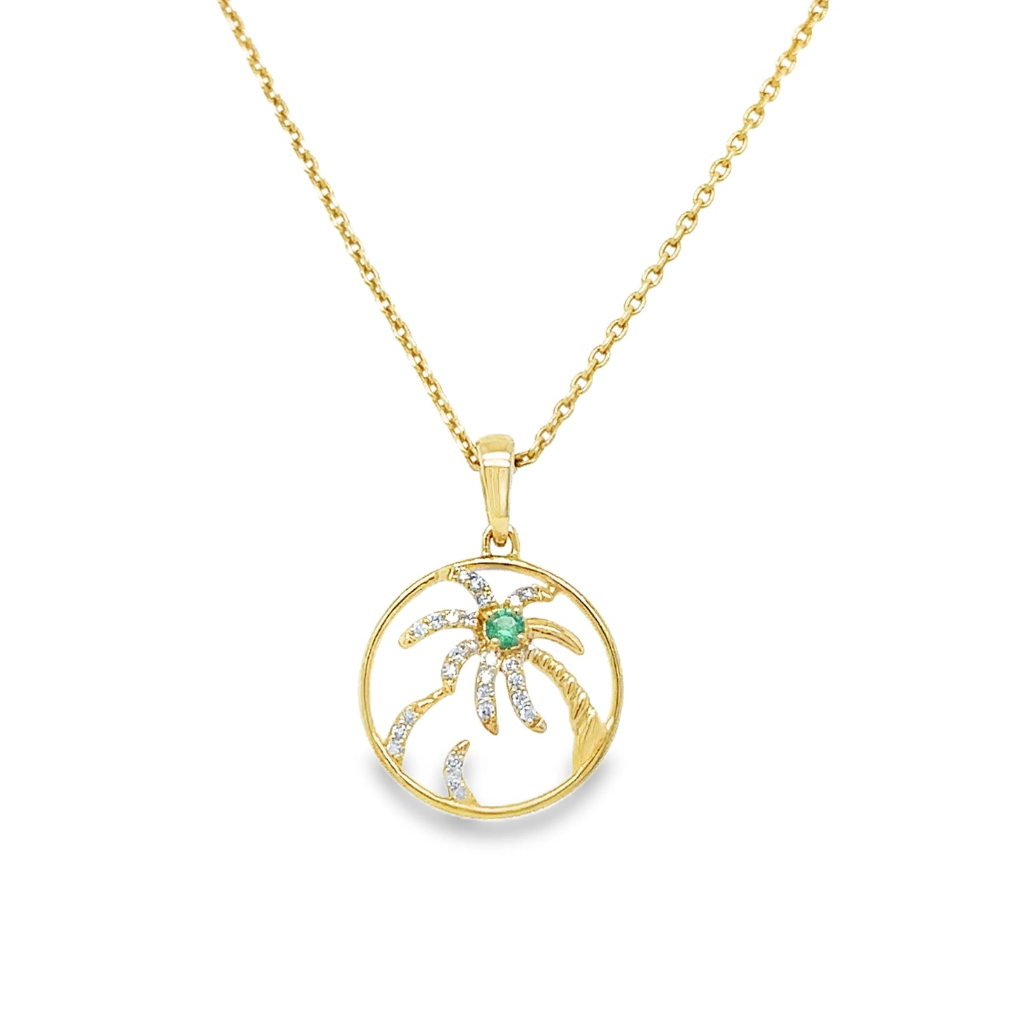 14KT YELLOW GOLD EMERALD AND DIAMOND PALM TREE PENDANT