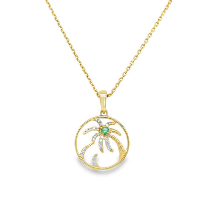 14KT YELLOW GOLD EMERALD AND DIAMOND PALM TREE PENDANT