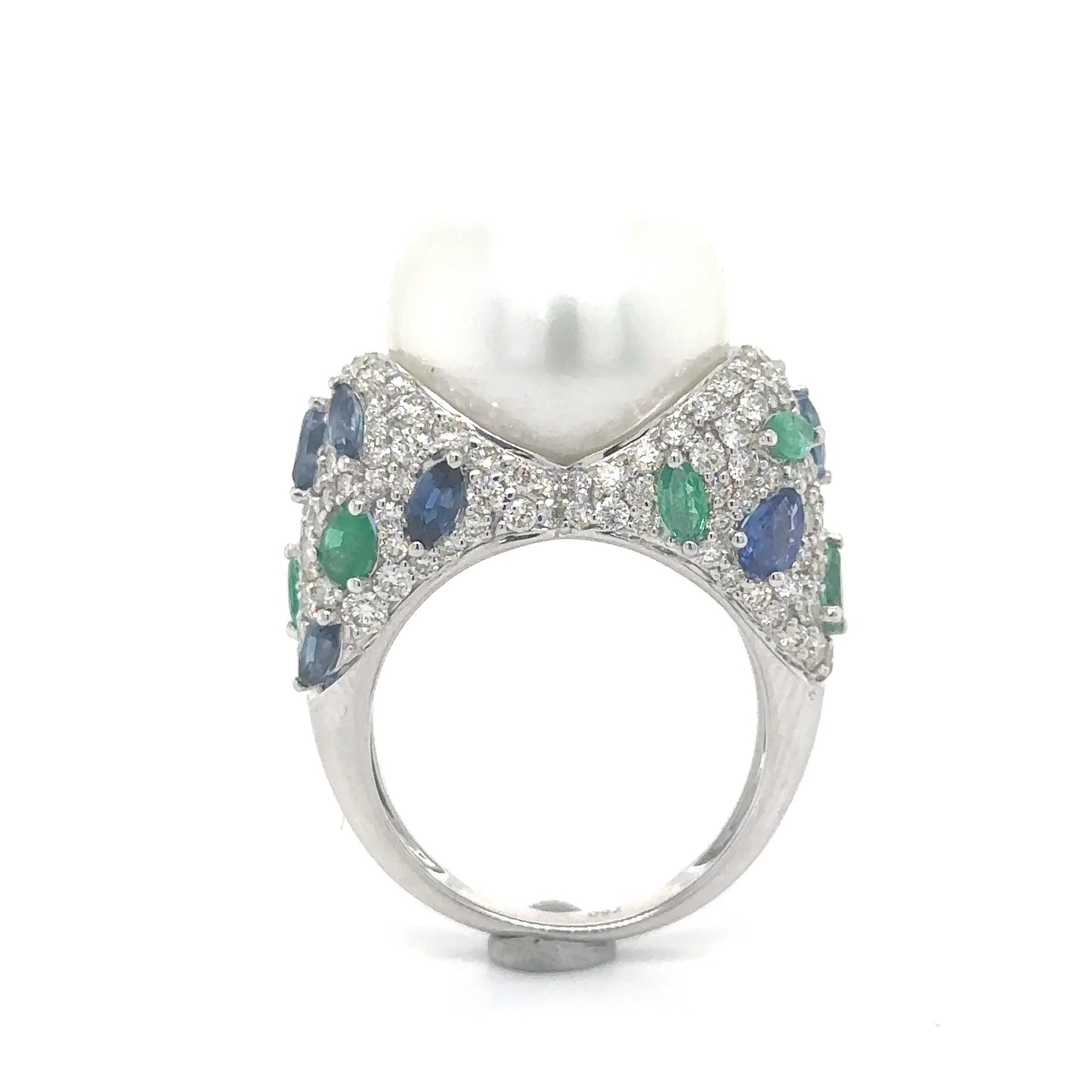18KT WHITE GOLD PEARL, EMERALD, SAPPHIRE AND DIAMOND RING