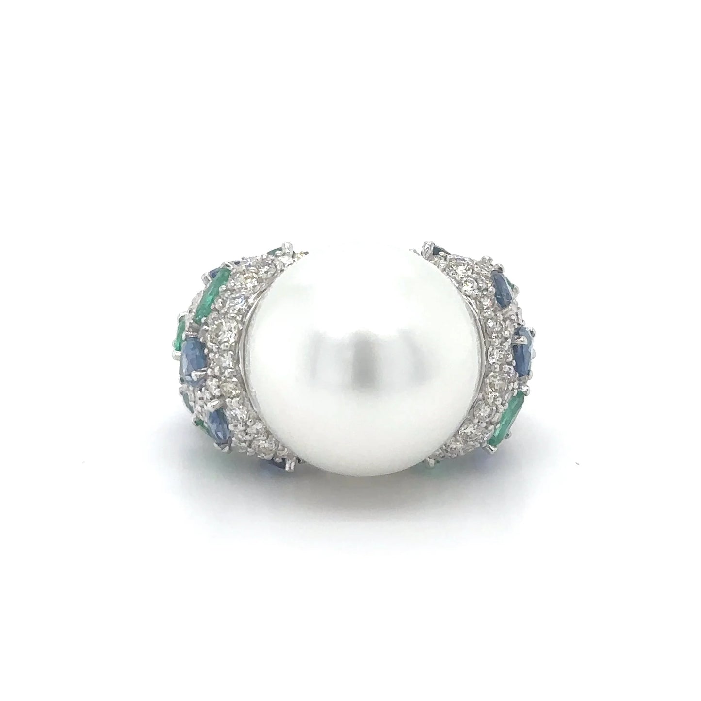 18KT WHITE GOLD PEARL, EMERALD, SAPPHIRE AND DIAMOND RING