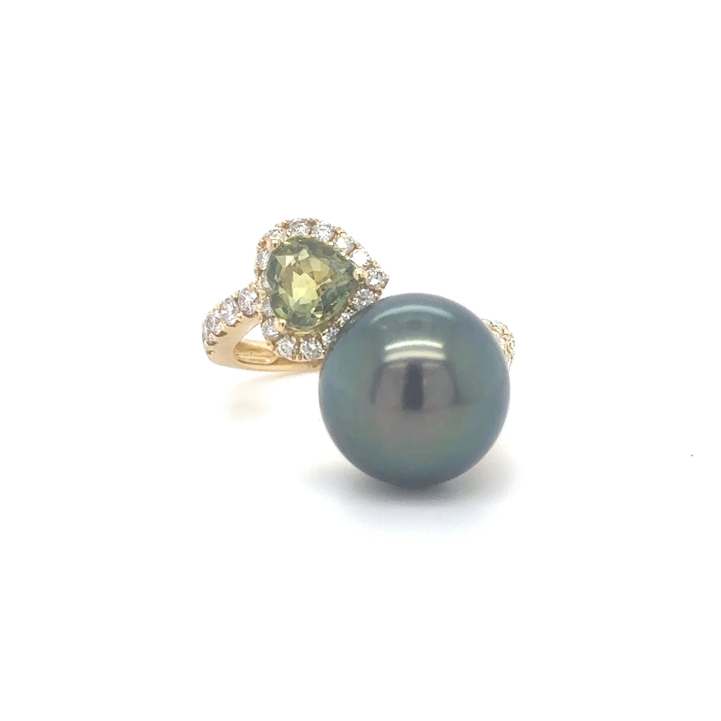 18KT YELLOW GOLD PEARL, TOURMALINE AND DIAMOND RING