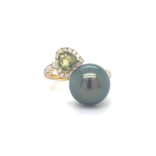 18KT YELLOW GOLD PEARL, TOURMALINE AND DIAMOND RING