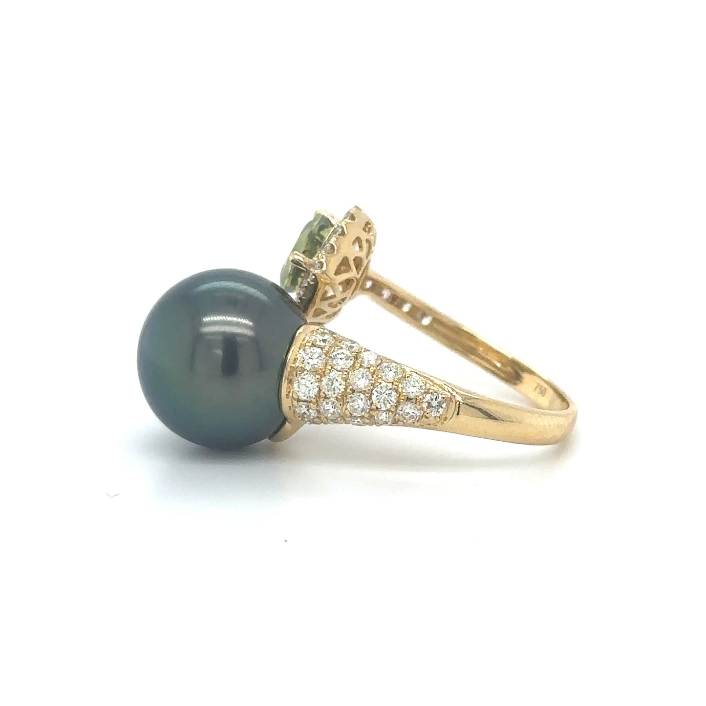 18KT YELLOW GOLD PEARL, TOURMALINE AND DIAMOND RING
