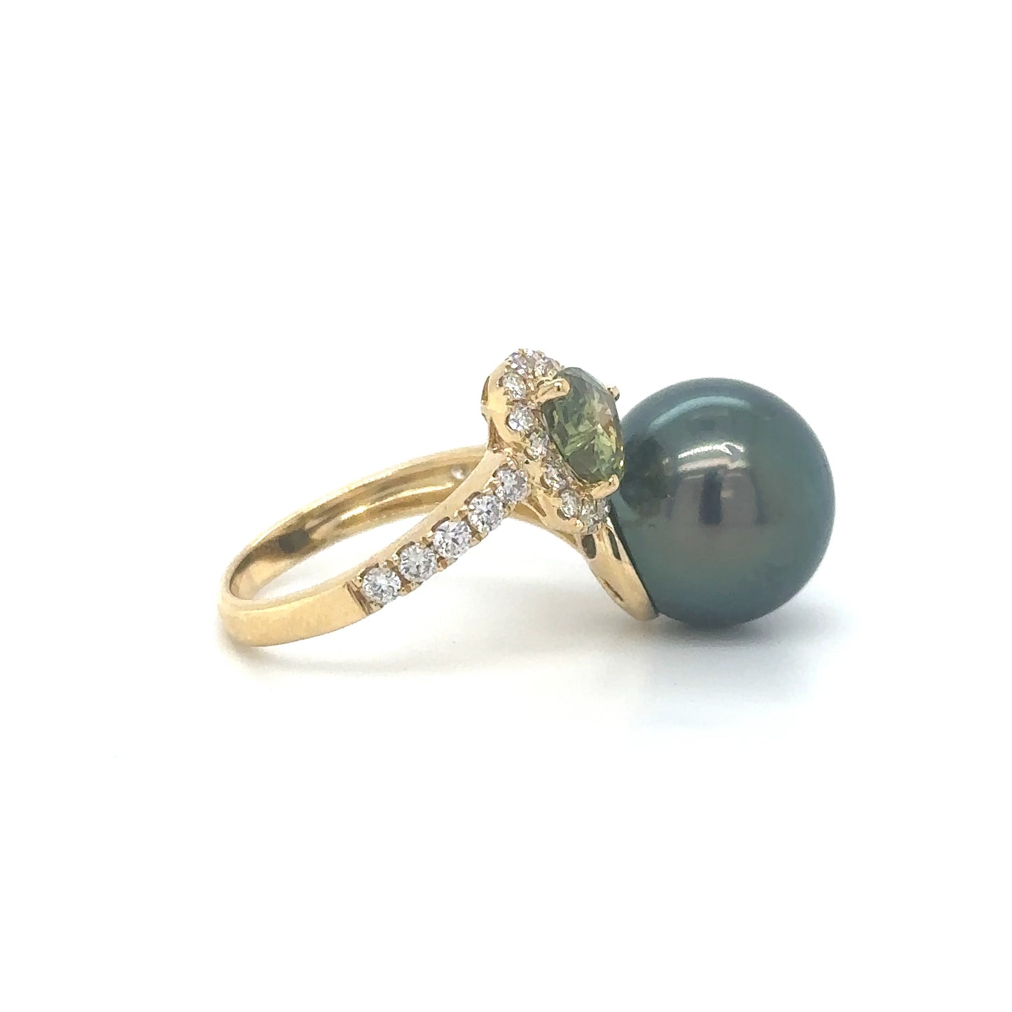 18KT YELLOW GOLD PEARL, TOURMALINE AND DIAMOND RING