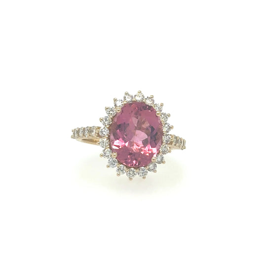 YELLOW GOLD RUBELLITE RING WITH DIAMONDS