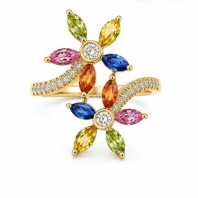 YELLOW GOLD MULTI SAPPHIRE AND DIAMOND RING
