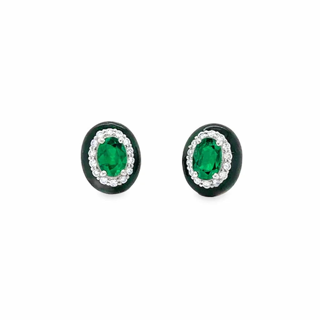 18KT GOLD EMERALD AND DIAMONDS BLACK ENAMEL EARRING