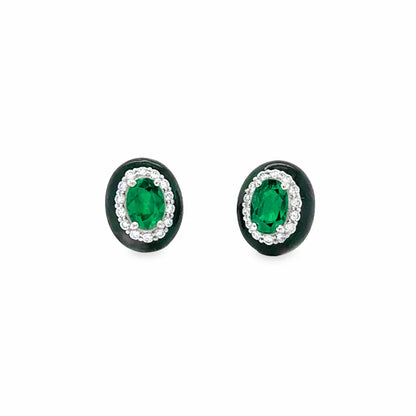18KT GOLD EMERALD AND DIAMONDS BLACK ENAMEL EARRING